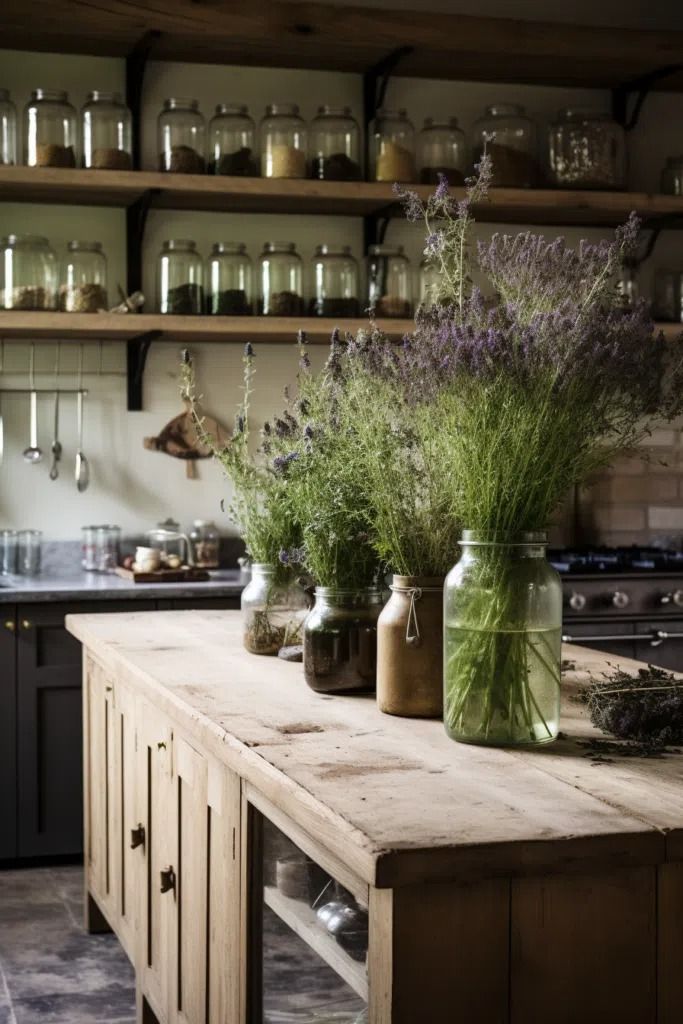 several jars filled with plants sitting on top of a wooden table in front of shelves