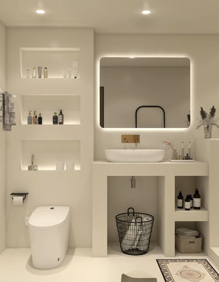 a bathroom with white walls and shelves filled with bottles