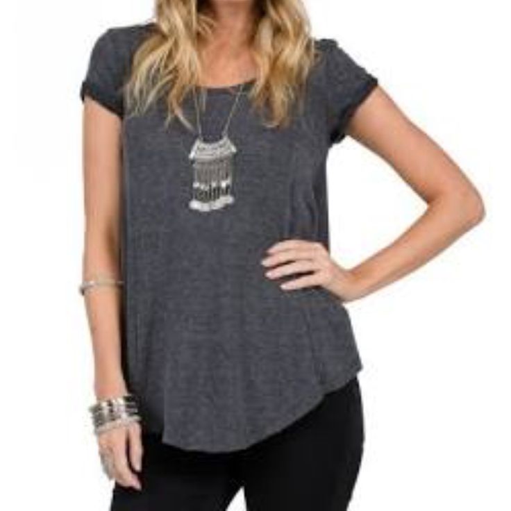 Details - Crew Neck - Short Cuffed Sleeves - Slips On Over Head - Knit Construction - Flared Silhouette - Shirttail Hem - Approx. 28.5" Length (Size S) - Imported Fiber Content 74% Polyester, 20% Viscose, 6% Elastane Care Hand Wash Cold Casual Gray Knit Top With Short Sleeves, Casual Gray Short Sleeve Knit Top, Gray Summer Knit Top, Casual Scoop Neck Knit Top, Casual Fitted Short Sleeve Top For Layering, Fitted Casual Short Sleeve Top For Layering, Casual Gray Cotton Knit Top, Casual Gray Short Sleeve Top, Gray Shirttail Hem Top For Spring