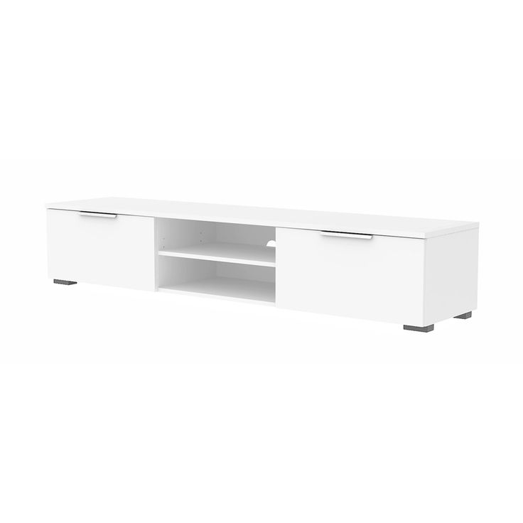 a white entertainment center with two drawers on one side and an open shelf on the other