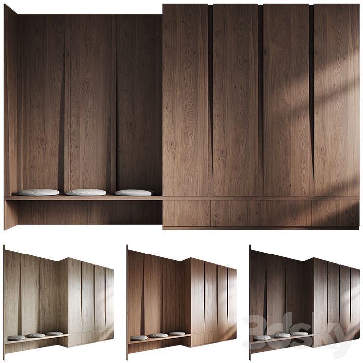 four different shots of the same room with wood paneling