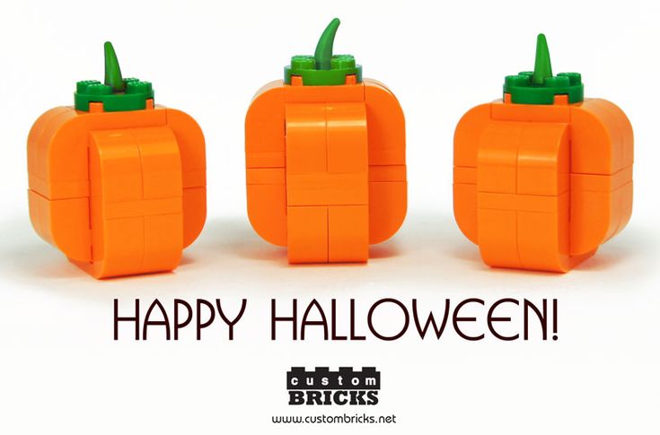 three lego pumpkins with the words happy halloween written on them