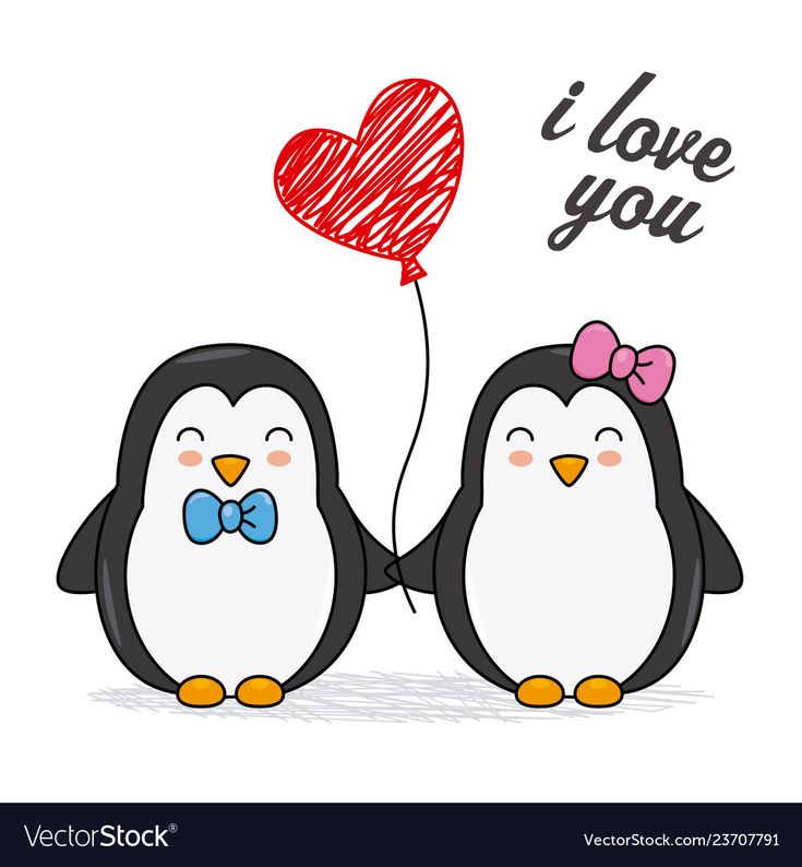 two penguins with hearts and the words i love you