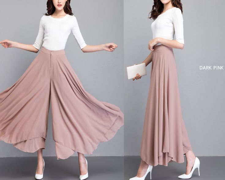 * A pair of chiffon cropped pants, wide leg hem, like a skirt. * Lightweight high quality chiffon fabric, fit for summer. * We can custom make the size and length, if you need custom make, please let us know, thanks. * Materials: hight quality pearl chiffon(100% polyester) Shop sizing chart FYI ( actual body figures, not laying flat clothes measurements) Size XS (US 2, UK 6, German 32, French 34) Bust: fits bust around 33.5 inches/85cm Waist: fits waist around 26 inches/66cm Hips: fits hips arou Pink Chiffon Bottoms For Spring, Pink Chiffon Long Skirt, Elegant Flowy Pink Bottoms, Pink Flowy Wide Leg Bottoms, Elegant Pink Flare Bottoms, Wide Leg Chiffon Bottoms, Wide Leg Pants Summer, Wide Leg Culottes, Flowy Wide Leg Pants