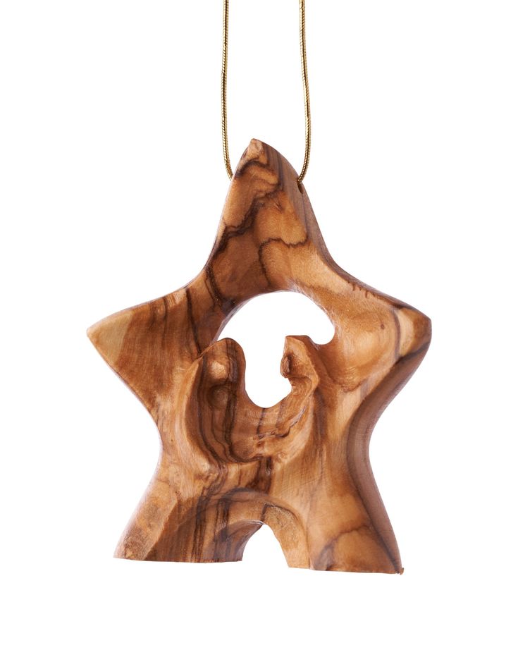 a wooden ornament hanging from a chain on a white background in the shape of a star