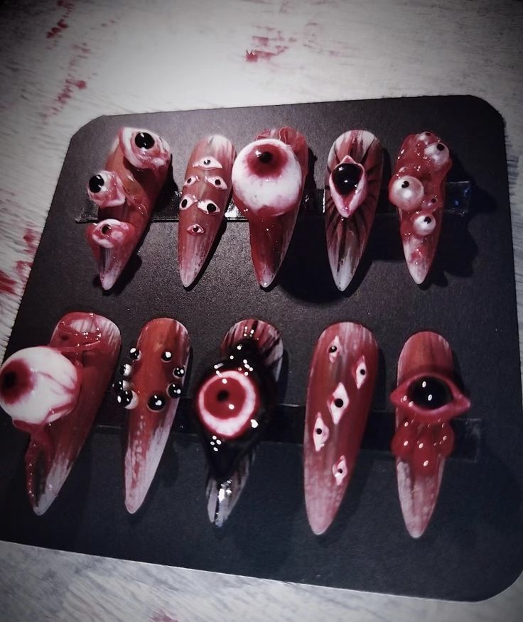 Creepy Nail Ideas, 3d Goth Nails, Gore Nails Art, Halloween Gore Nails, Goth Nail Salon, Teeth Nails Art, Creepy Cute Nails, Emo Gel Nails, Gloomy Nails