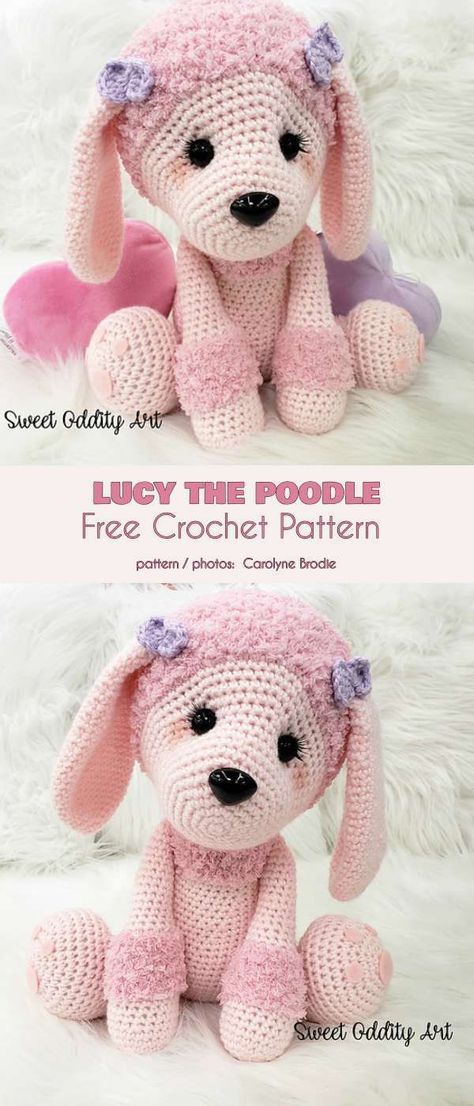 a pink crocheted dog sitting on top of a white blanket with the words lacy the poodle free crochet pattern