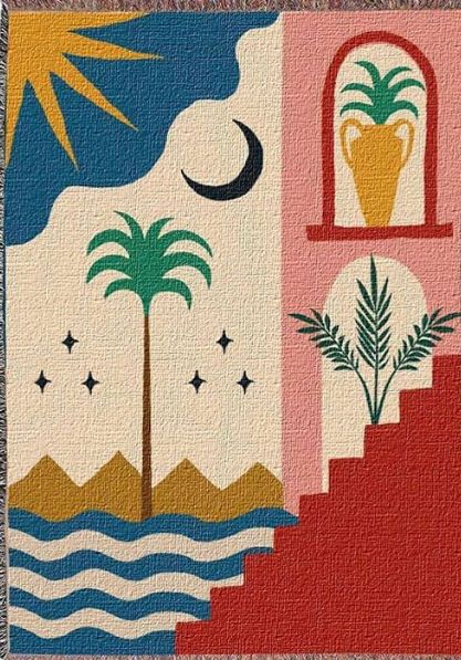 a quilted wall hanging with an image of a house and palm trees on it