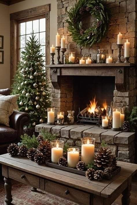 a living room decorated for christmas with candles and pine cones on the fireplace mantel