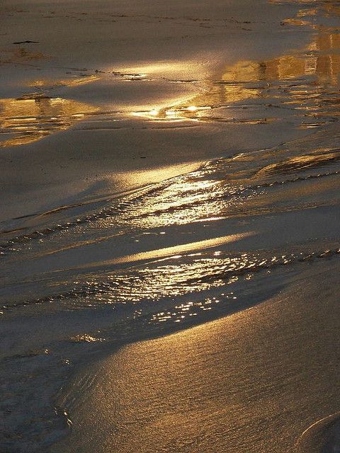 the sun shines brightly in the water at the beach shore line as it reflects on the wet sand