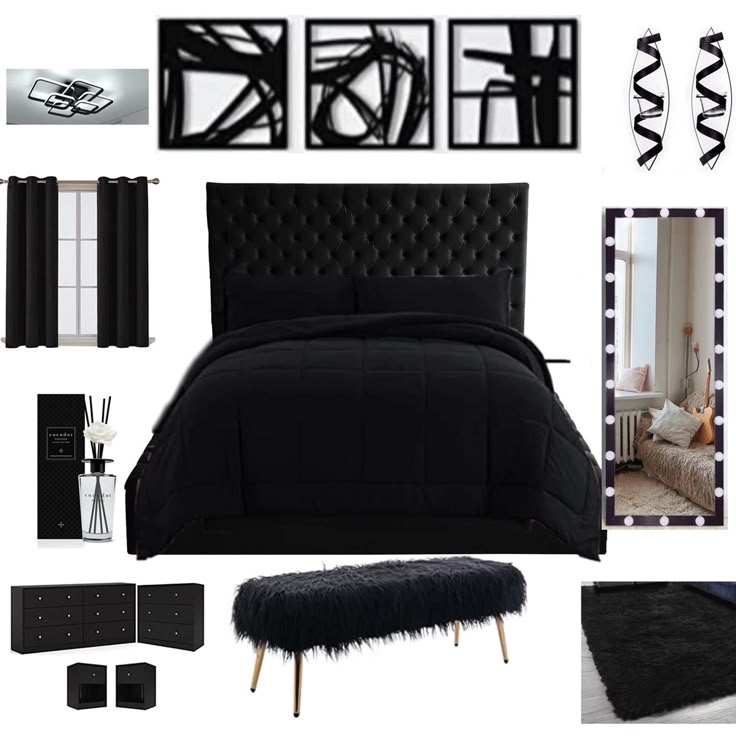 a bedroom with black furniture and accessories including a bed, mirror, chair, lamp, rugs