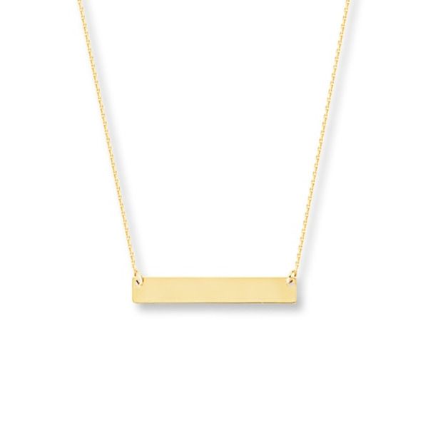 Delicate but dynamic, this bar necklace for her features a high-polish 14K yellow gold bar suspended between cable chains. Secured with a lobster clasp, the necklace is adjustable from 16 to 18 inches in length. Gold Bar Necklace Engraved, Gold Bar Necklace Personalized, Bar Necklace Gold, Horizontal Bar Necklace, Jewelry By Brand, Personalized Name Plates, Bar Necklaces, Necklace Bar, Engraved Bar Necklace