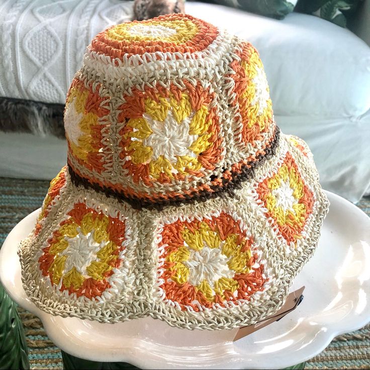 Cyndy Sells Seashells By The Seashore & More Decor...Perfect For The Beach, A Wedding, Shower Or Tea Party, Shopping, Meeting Friends For Lunch, Vacation, Cruise Or... Lve This! So, Fun! Nwt Steve Madden Bucket Yellow Orange Natural & Brown Crochet Packable Hat. Large 3 1:2” Brim Packable! Zoom In On The Crochet & Crown Of Hat Priced Accordingly With Poshmarks 20% Fee Previously Loved Items In All Markets Go To Tossociety For Neurological Pain Patients I Work With Summer Crochet Hat One Size In Yarn, One Size Summer Crochet Hat, One Size Crochet Yarn Hat For Summer, Retro Summer Festival Hats, Summer Yarn Bucket Hat One Size, Yarn Bucket Hat For Summer, One Size, Retro Sun Hat For Summer Festival, Yellow Crochet Beach Hat, Brown Crochet Sun Hat For Spring