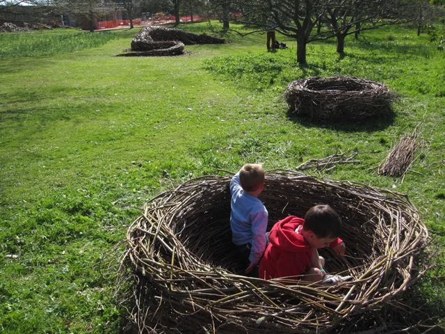 two young boys sitting in a nest made out of twigs on the side of a field