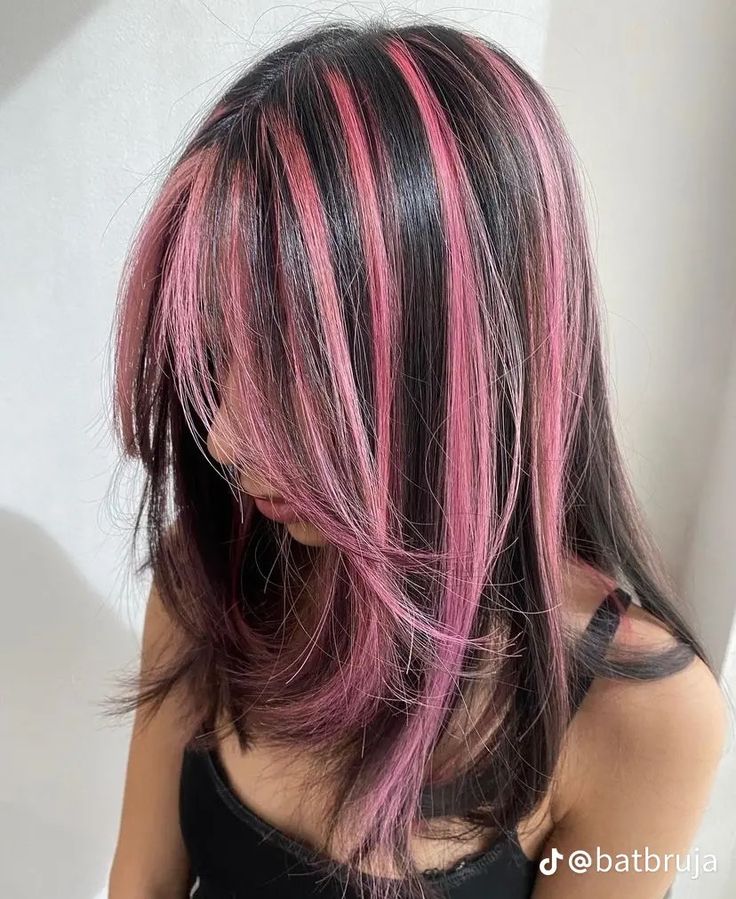 Hair Color Ideas Strands, Dark Pink Hair Streaks, Striped Pink Hair, Skunk Peekaboo Hair, Black With Dark Purple Highlights, Pink Hair Color Ideas For Brunettes Straight Hair, Black Hair With Pink And Purple Streaks, Pink Black Hair Color, Pink Streaks In Light Brown Hair