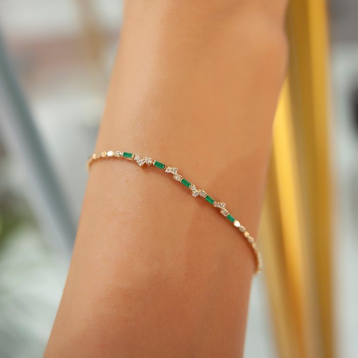 Dainty Emerald Gold Bracelet! 14K Gold Bracelet! Bridesmaid Gift! Gold Bracelets are loved by women. Wedding Gift! All items in our store are 100 % handmade products. Don't forget to add the store to your favorites to be informed about discounts. We recommend that you remove your jewelry before doing any activity that may be considered abrasive. ❤️ All products are made with love, labor and care. They bring you the best wishes. 🎁 All products are sent in special packages.  👋 You can write to u Delicate Wedding, Emerald Gem, Emerald Bracelet, Bracelet Minimalist, Design Bracelet, Gold Armband, Solid Gold Band, Gold Bracelet For Women, Bracelet For Women