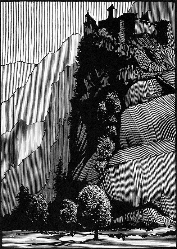 a black and white drawing of mountains with trees in the foreground, and a lone tree on the far side