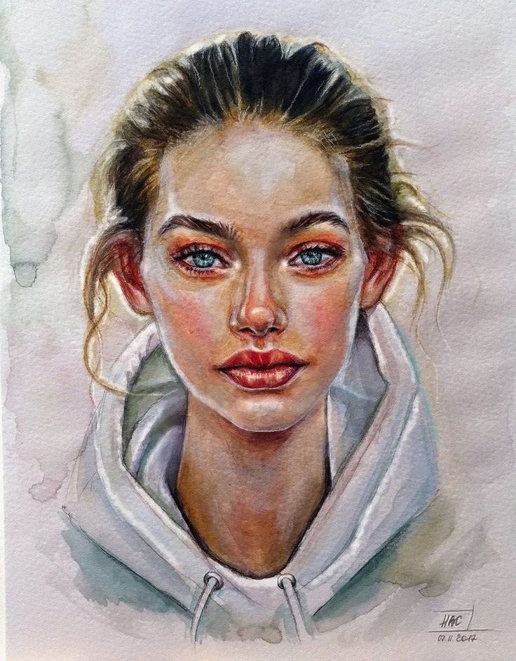 a painting of a woman with blue eyes and a white hoodie is shown in this image