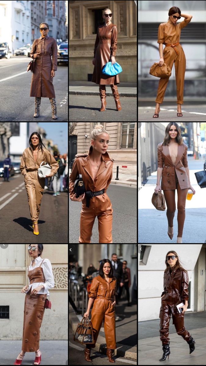 Cognac Leather Pants Outfit, Color Leather Pants, Tan Leather Pants, Leather Pants Outfit, Leather Jumpsuit, Style 2023, Streetstyle Fashion, Caramel Color, Work Outfits