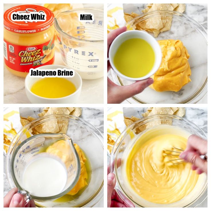 four pictures showing how to make jalapeno brinee with cheese and milk