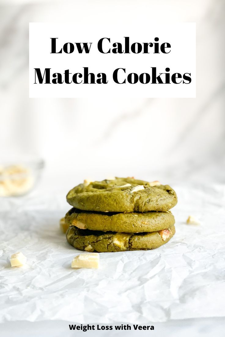 low calorie matcha cookies stacked on top of each other with text overlay