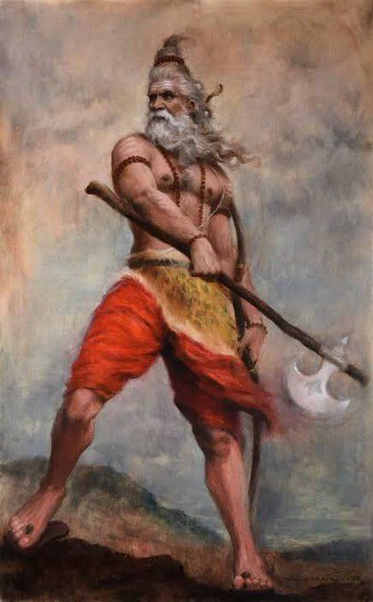 a painting of an old man with a long white beard and red shorts holding a hammer