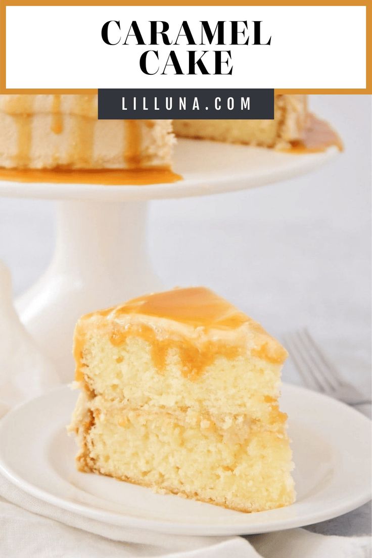 a slice of caramel cake on a white plate