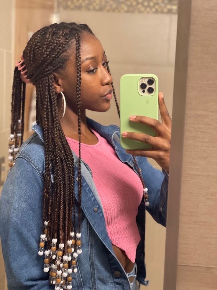 Medium Knotless Braids Beads, Claw Clip Hairstyles Braids With Beads, Pick A Boo Hair Color Ideas Braids, Braids With Beads Claw Clip, Light Brown Knotless Braids With Beads, Black Hairstyles Braids With Beads, Smeduiem Knotless With Beads, Knotless Braids With Clip, Long Braids With Beads Black Women