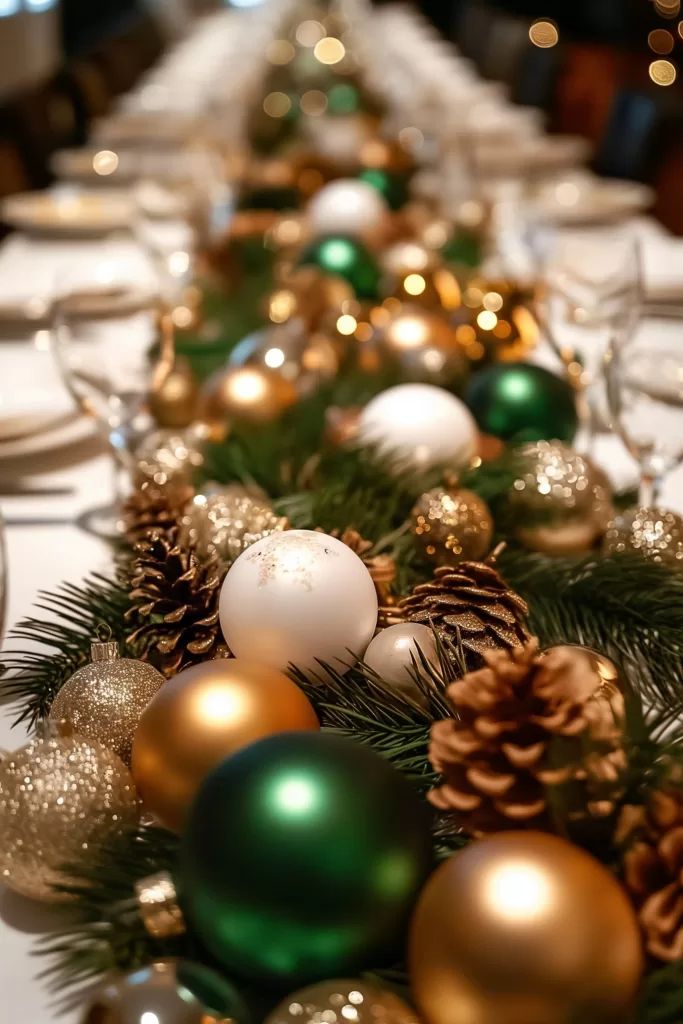 a long table with christmas decorations on it