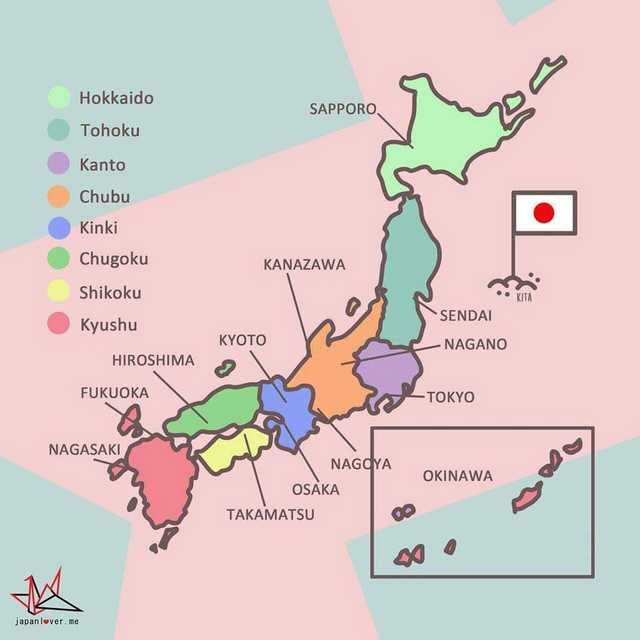 a map of japan with all the major cities and their respective flags on it's borders