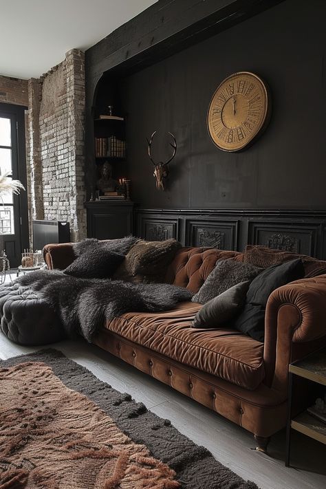 a living room filled with furniture and a clock on the wall next to a window