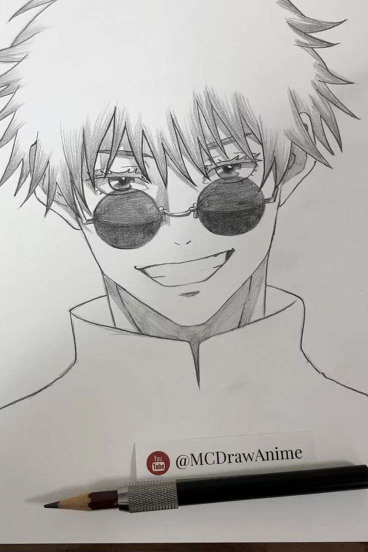 a pencil drawing of an anime character with glasses on his face and the caption's name underneath it