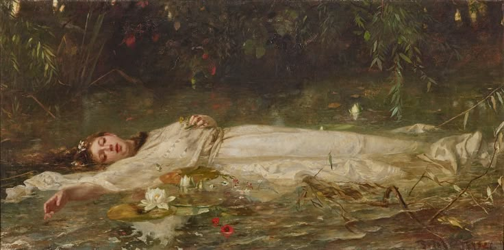 a painting of a woman laying on the ground in water with flowers and plants around her