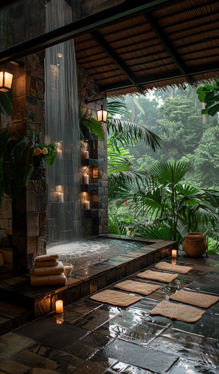 an outdoor shower with candles lit up in the rain, surrounded by lush greenery