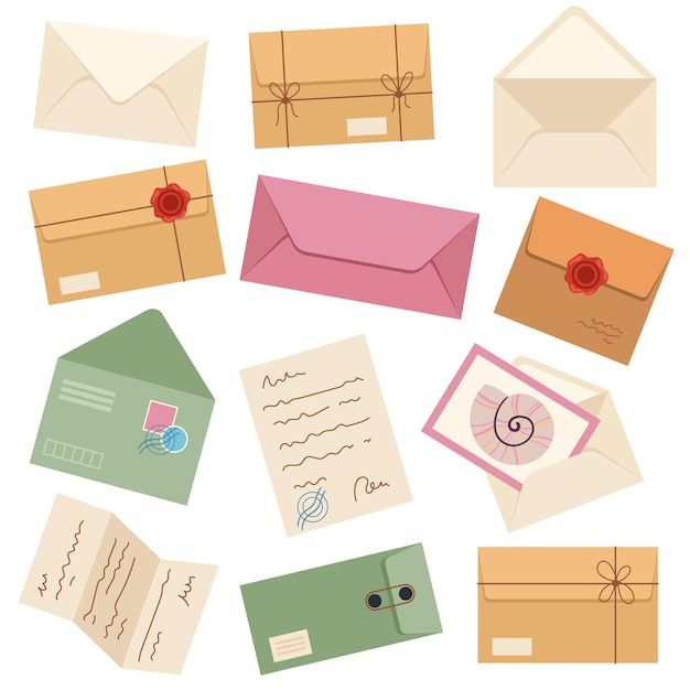 an assortment of envelopes with different designs