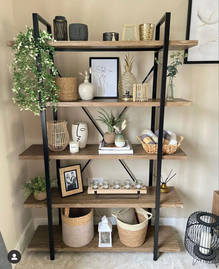 the shelves in this room are filled with plants and other things to put on them