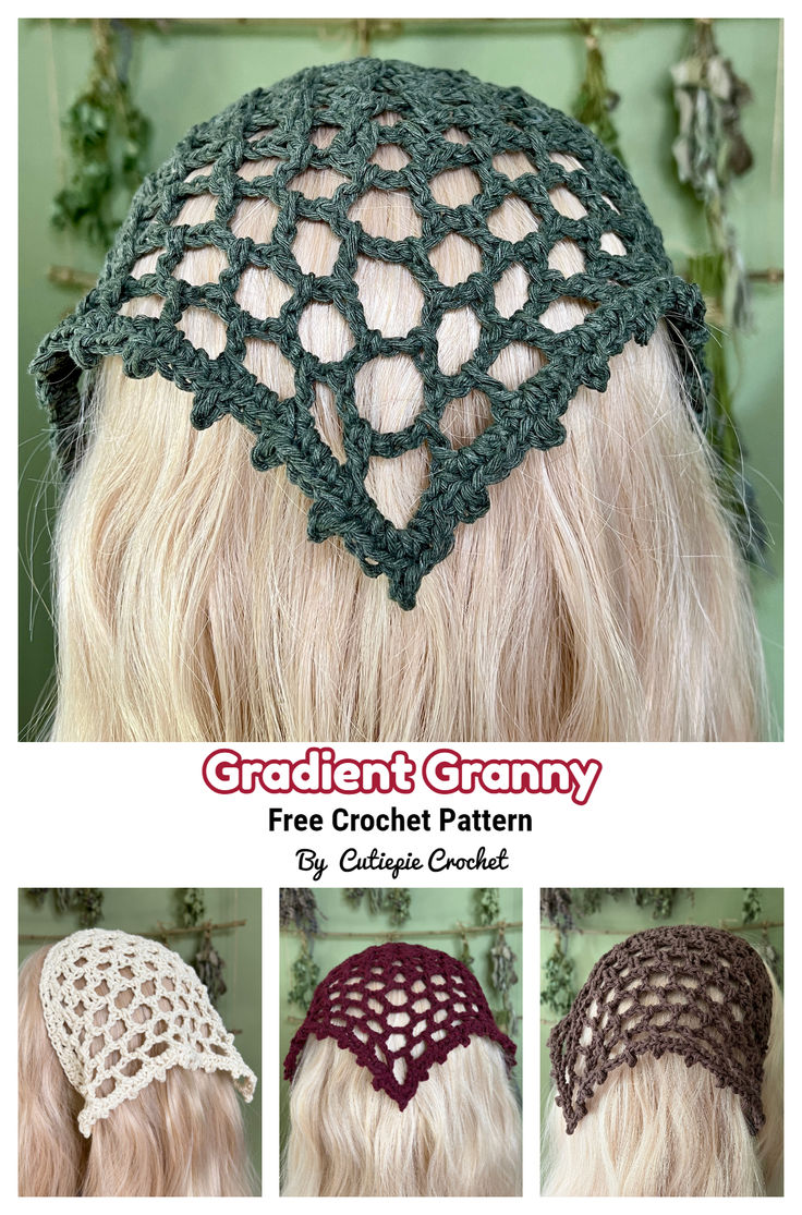 the crochet granny hat is shown in three different colors and sizes, including one with