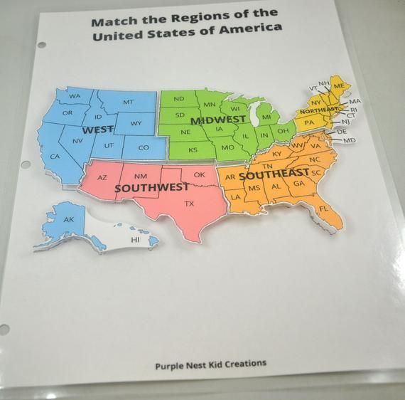 a map of the united states of america is shown on a sheet of paper that says, match the regions of the united states of america