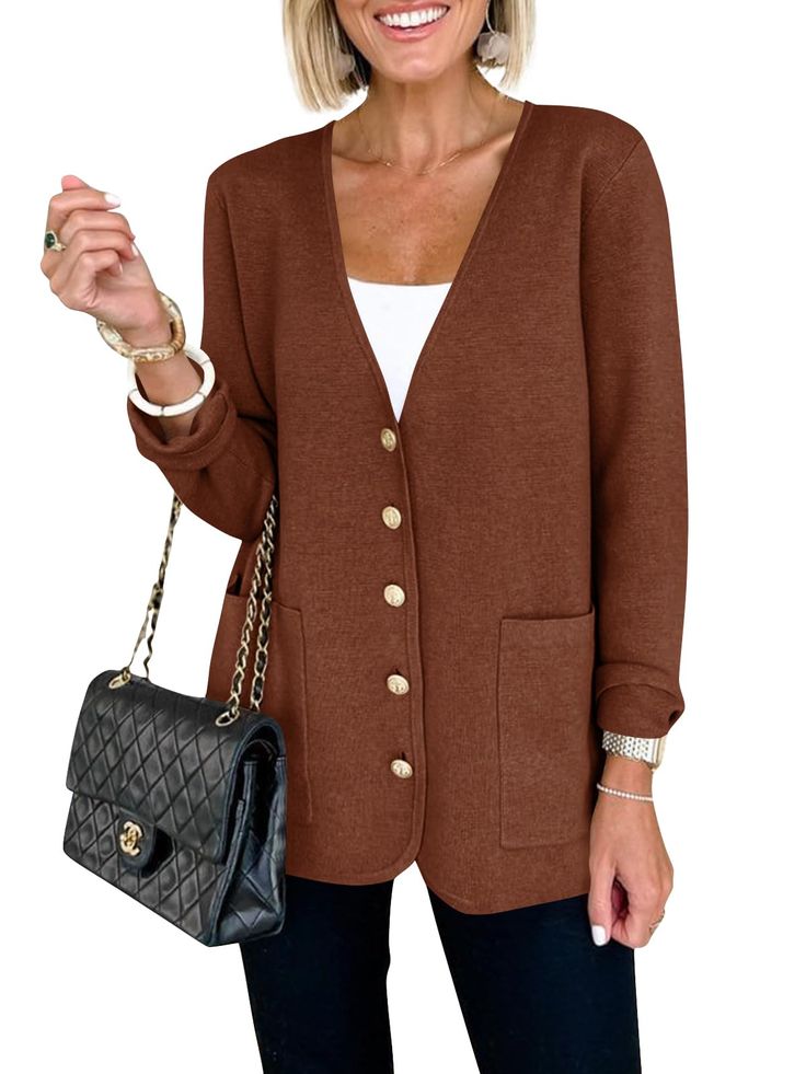 PRICES MAY VARY. Comfortable Material: Made of high-quality, soft fabric, this women's V-neck cardigan sweater is designed for comfort. It's gentle on the skin and perfect for everyday wear. Versatile and Stylish: This button loose sweater blazer features an open front button down design, making it a versatile addition to any wardrobe. Perfect for work, school, or casual outings. Easy to Pair: With its classic silhouette, this cardigan can be paired with a variety of tops, such as tanks, tees, a Winter Work Casual Outfits For Women, Fall Fashion 2024 Women Over 50, What To Wear Under A Cardigan, Over 60 Fashion Petite, Cold Beach Day Outfit, Over 60 Fashion Classy, 70 Year Old Women Fashion, Amazon Clothing Finds, Erin Napier