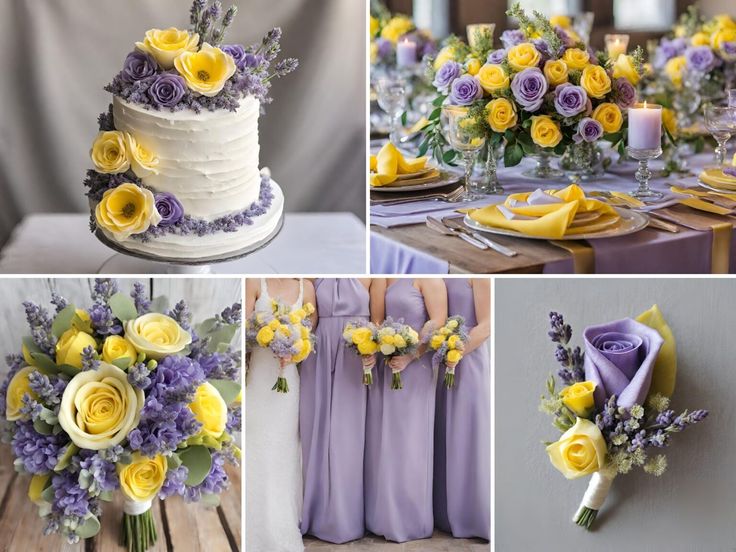 yellow and purple flowers are arranged around a wedding cake, table settings, and centerpieces