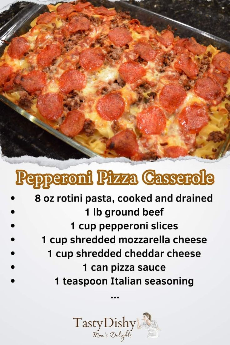 pepperoni pizza casserole recipe with instructions on the bottom and in the middle