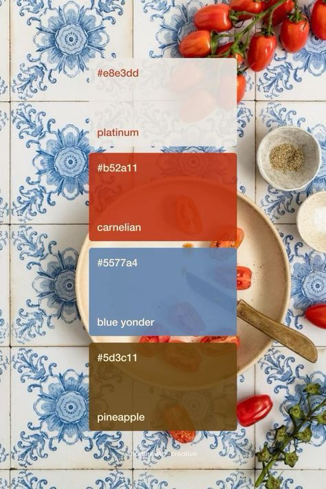 the pantone board shows different shades of red, blue and brown on top of a plate