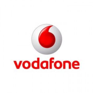 the vodafone logo is displayed on a white background with red text below it