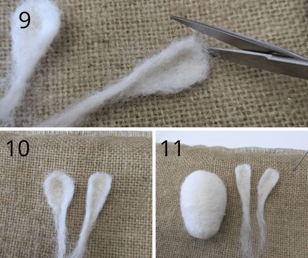 three pictures showing how to cut the wool off of a piece of fabric with scissors