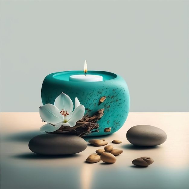 a candle that is sitting next to some rocks and a flower on top of it