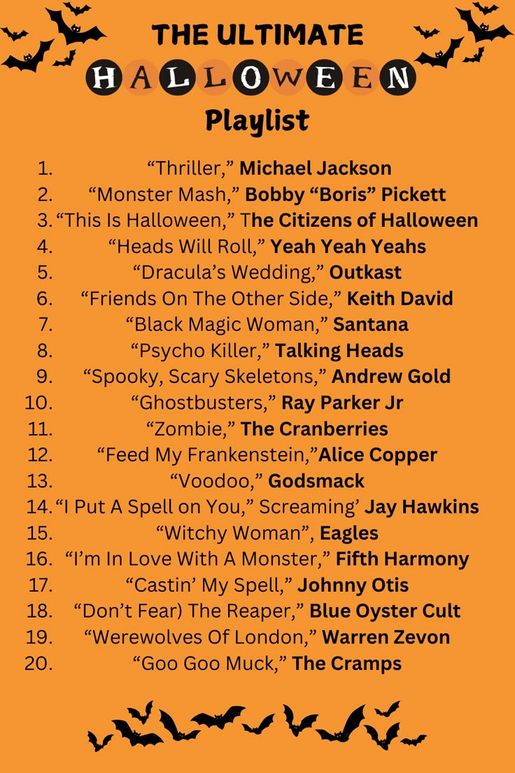 the ultimate halloween playlist for kids and grown - up children is on display in this poster