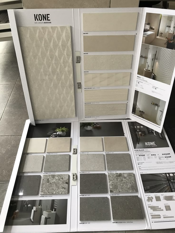 an open display case filled with different types of tile