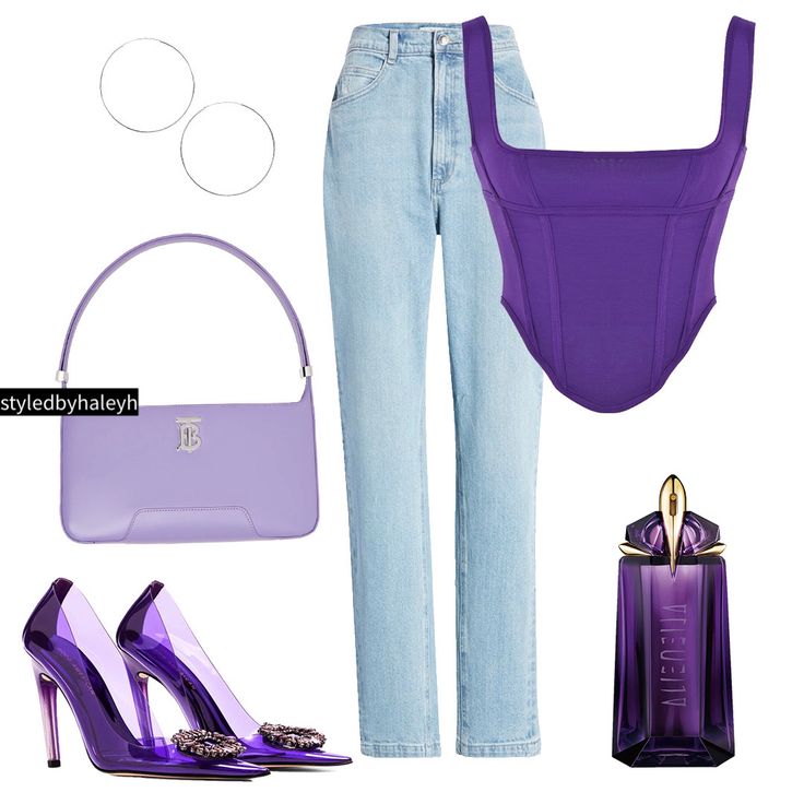 Purple top and purple heels Purple Night Out Outfit, Purple Night Outfit, Purple Tops Outfit, Purple Corset Top Outfit, Blue Heels Outfit Ideas, Purple Heels Outfit, Purple Corset Outfit, Purple Outfits Ideas, All Purple Outfit