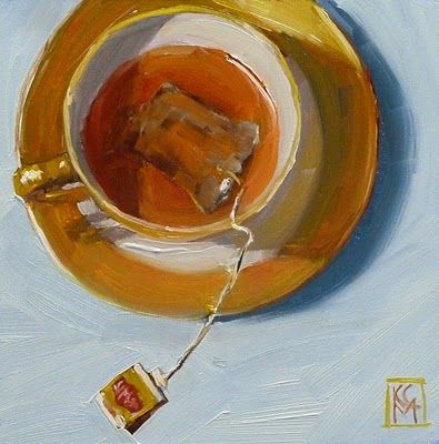 an oil painting of a tea cup and saucer