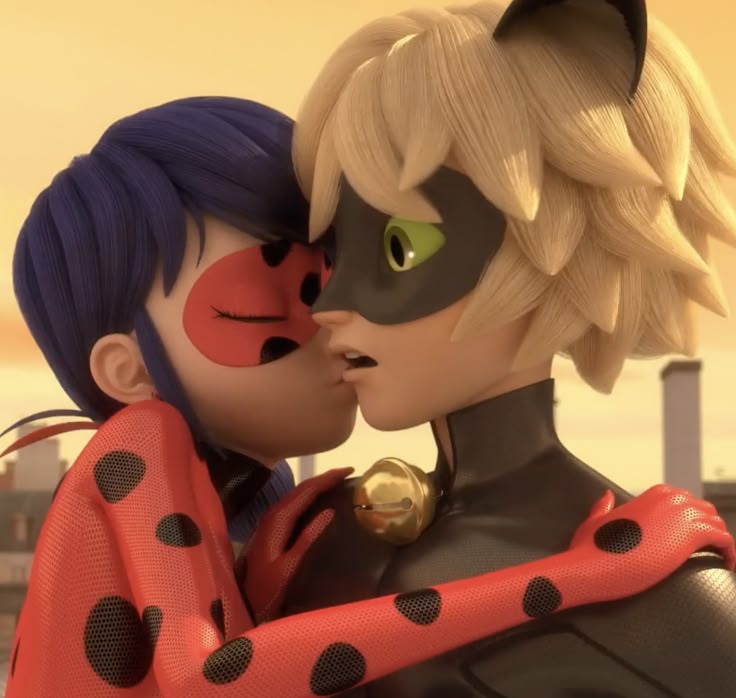 two cartoon characters kissing each other in front of a city